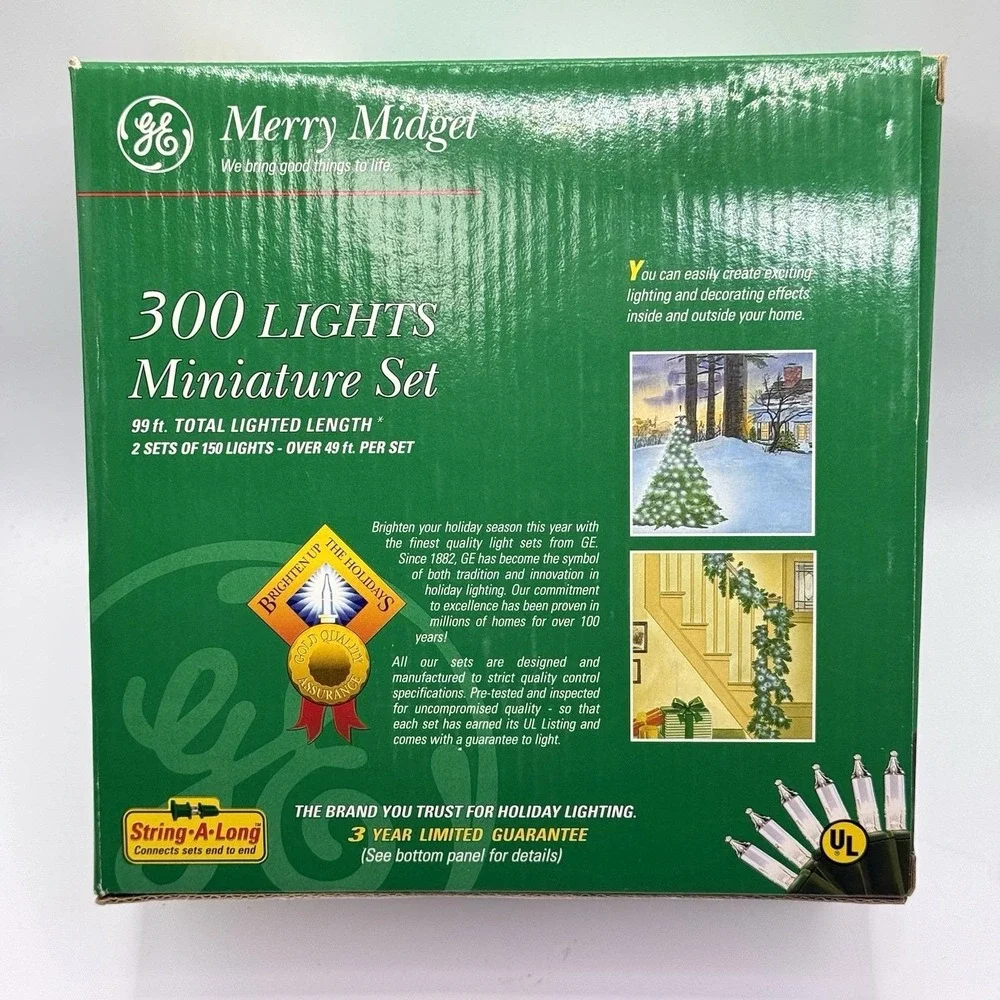 VTG GE Merry Midget 300 Lights Set Indoor Outdoor Clear Mini Bulbs 2001 99ft NOS